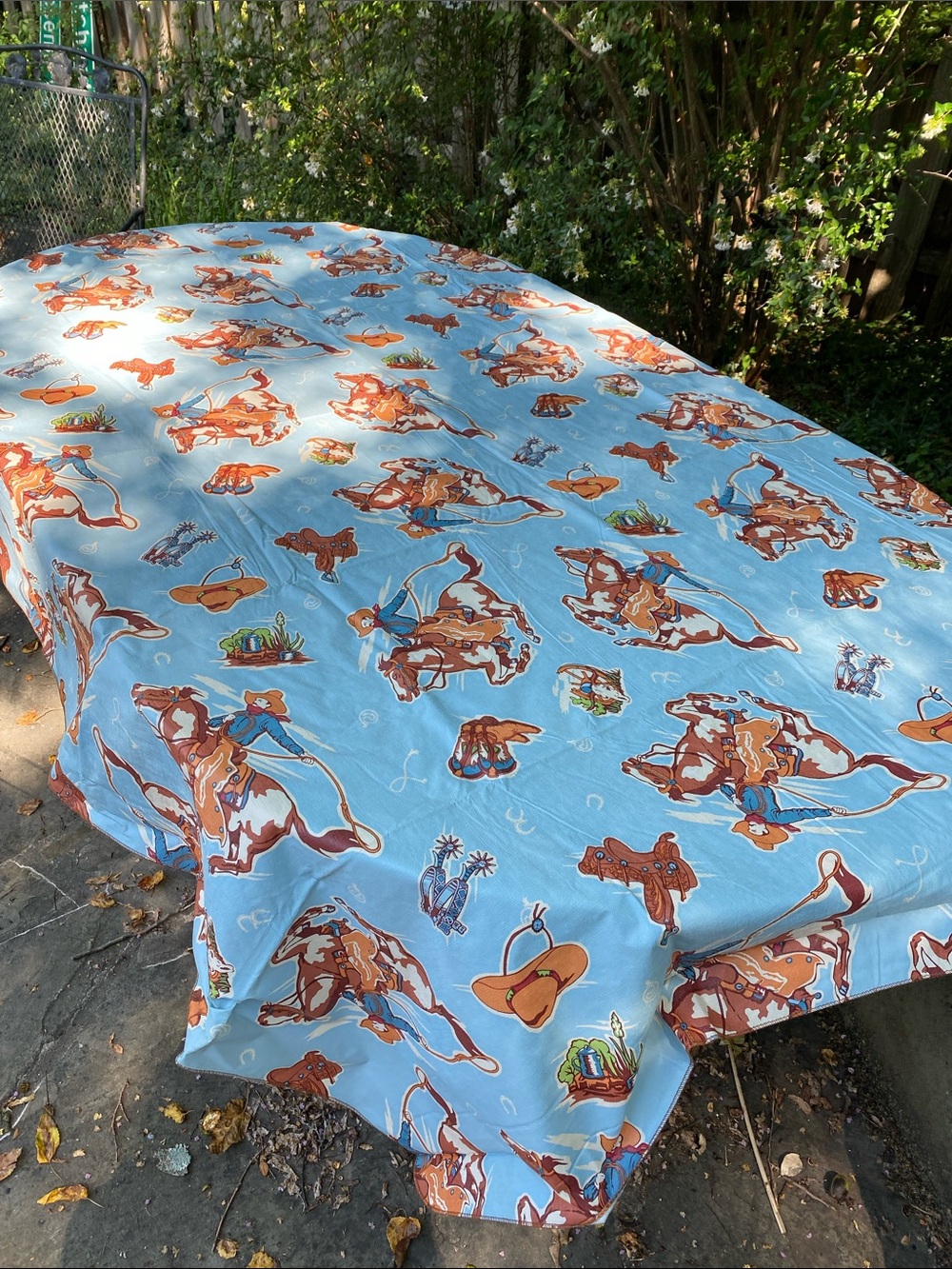 Vintage Cowboy Print Tablecloth flannel backed plastic coated rodeo horses print